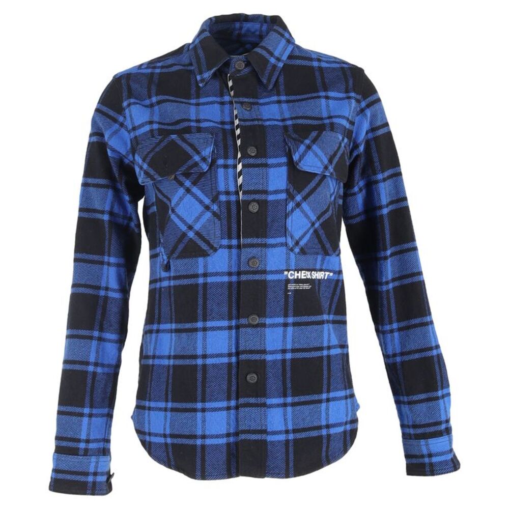 Off-White Check-Print Button-Down Long Sleeve Shirt in Blue Cotton